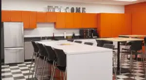 office canteen area with orange cupboards